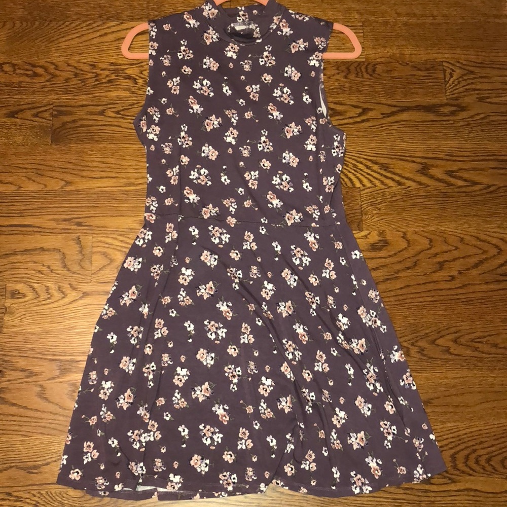 Purple patterned high neck dress with key hole